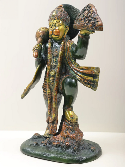 Brassaura® Sindoori Hanuman Carrying Sanjeevani Parvat | Brass Statue | Height 15.35 Inches & Weight 8.90 kgs