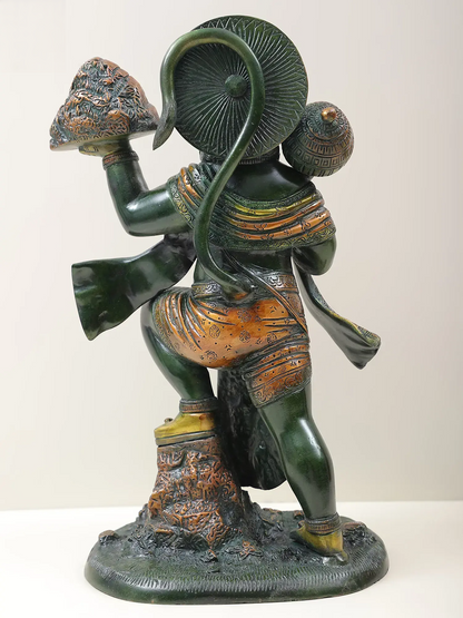 Brassaura® Sindoori Hanuman Carrying Sanjeevani Parvat | Brass Statue | Height 15.35 Inches & Weight 8.90 kgs