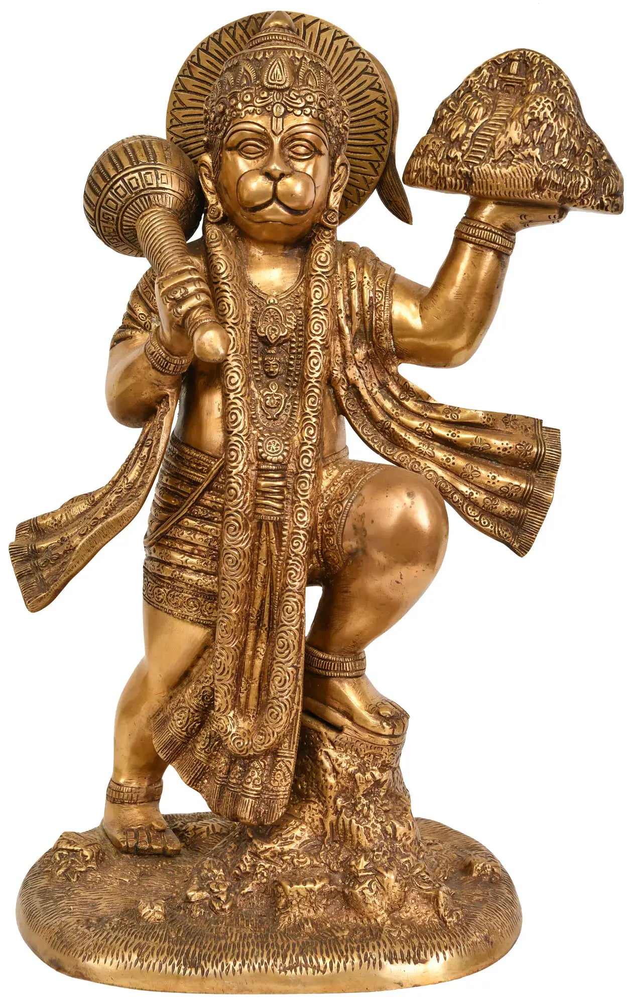 Brassaura® Sindoori Hanuman Carrying Sanjeevani Parvat | Brass Statue | Height 15.35 Inches & Weight 8.90 kgs