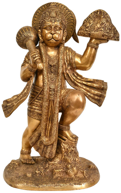 Brassaura® Sindoori Hanuman Carrying Sanjeevani Parvat | Brass Statue | Height 15.35 Inches & Weight 8.90 kgs
