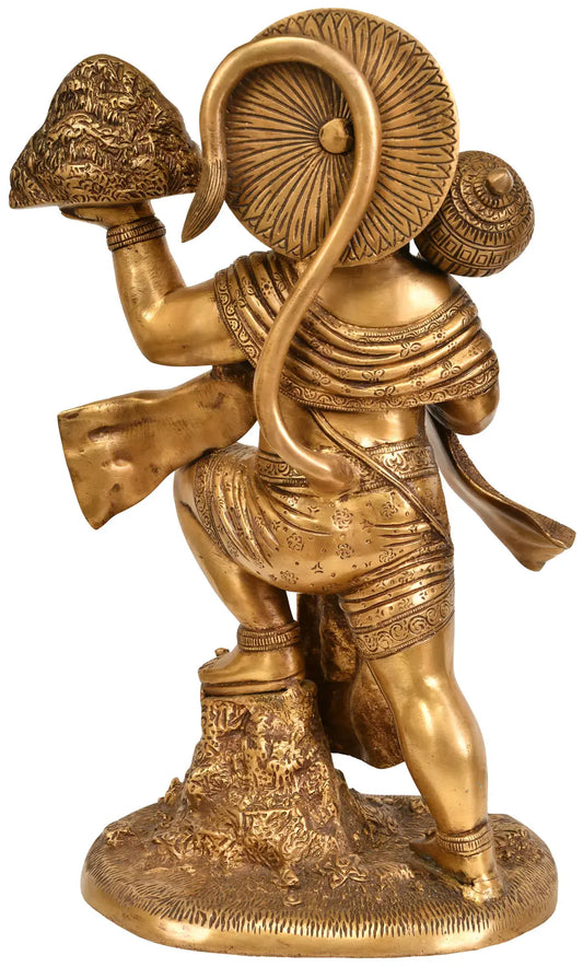 Brassaura® सिंदूरी हनुमान संजीवनी पर्वत ले जाते हुए | पीतल की मूर्ति | ऊँचाई 15.35 इंच और वज़न 8.90 किग्रा