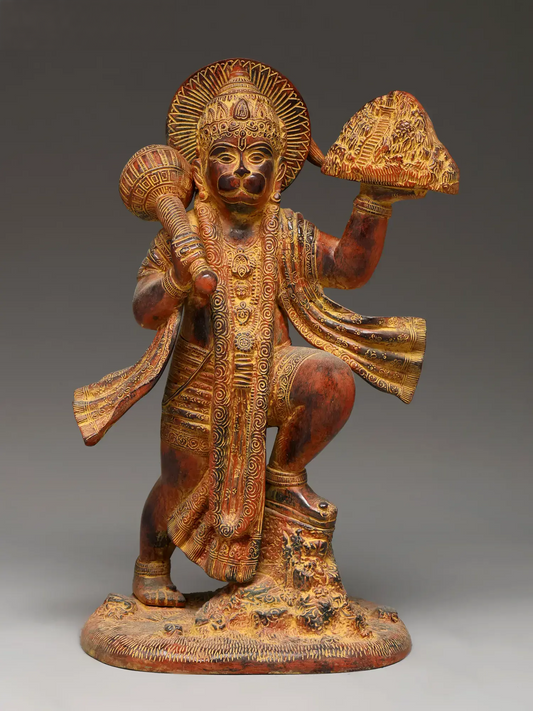 ब्रासौउरा® सिंदूरी हनुमान संजीवनी पर्वत ले जाते हुए | पीतल की प्रतिमा | ऊंचाई 15.35 इंच और वज़न 8.90 किलोग्राम