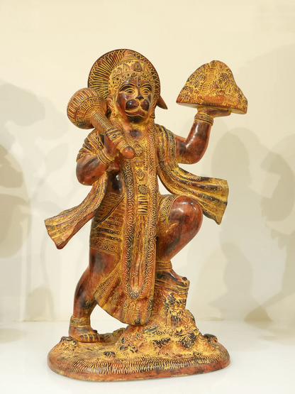 ब्रासौउरा® सिंदूरी हनुमान संजीवनी पर्वत ले जाते हुए | पीतल की प्रतिमा | ऊंचाई 15.35 इंच और वज़न 8.90 किलोग्राम