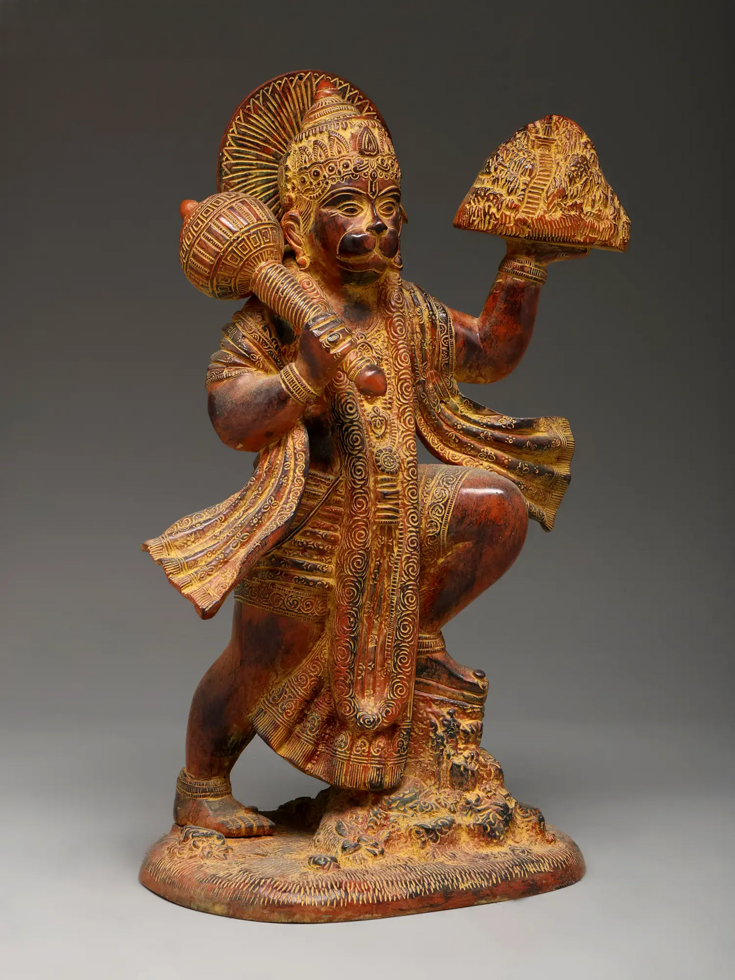 ब्रासौउरा® सिंदूरी हनुमान संजीवनी पर्वत ले जाते हुए | पीतल की प्रतिमा | ऊंचाई 15.35 इंच और वज़न 8.90 किलोग्राम