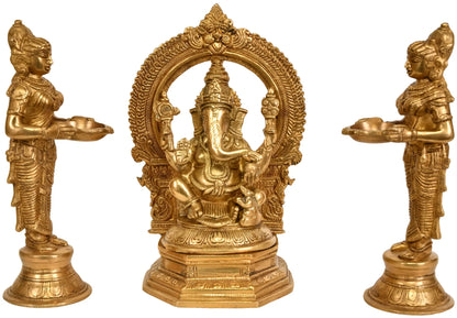 Brassaura™ Brass Ganesha with Deep Lakshmi Idol for Pooja Room & Festive Decor | 10 Inches | 6.30 kgs