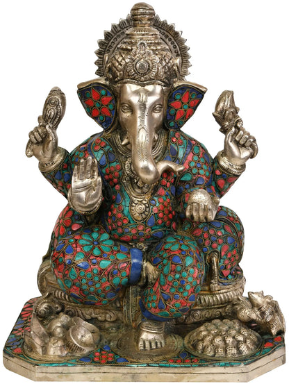 Brassaura™ Brass Ganesha Statue with Inlay Work | Height 12 Inches & Weight 9.10 kgs