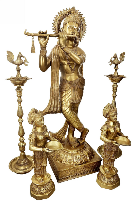 Brassaura® Brass Fluting Krishna with Pair of Deepalakshmi and Mayur Lamp Statue | Height 79 Inches & Weight 235 kg