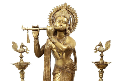 Brassaura® Brass Fluting Krishna with Pair of Deepalakshmi and Mayur Lamp Statue | Height 79 Inches & Weight 235 kg