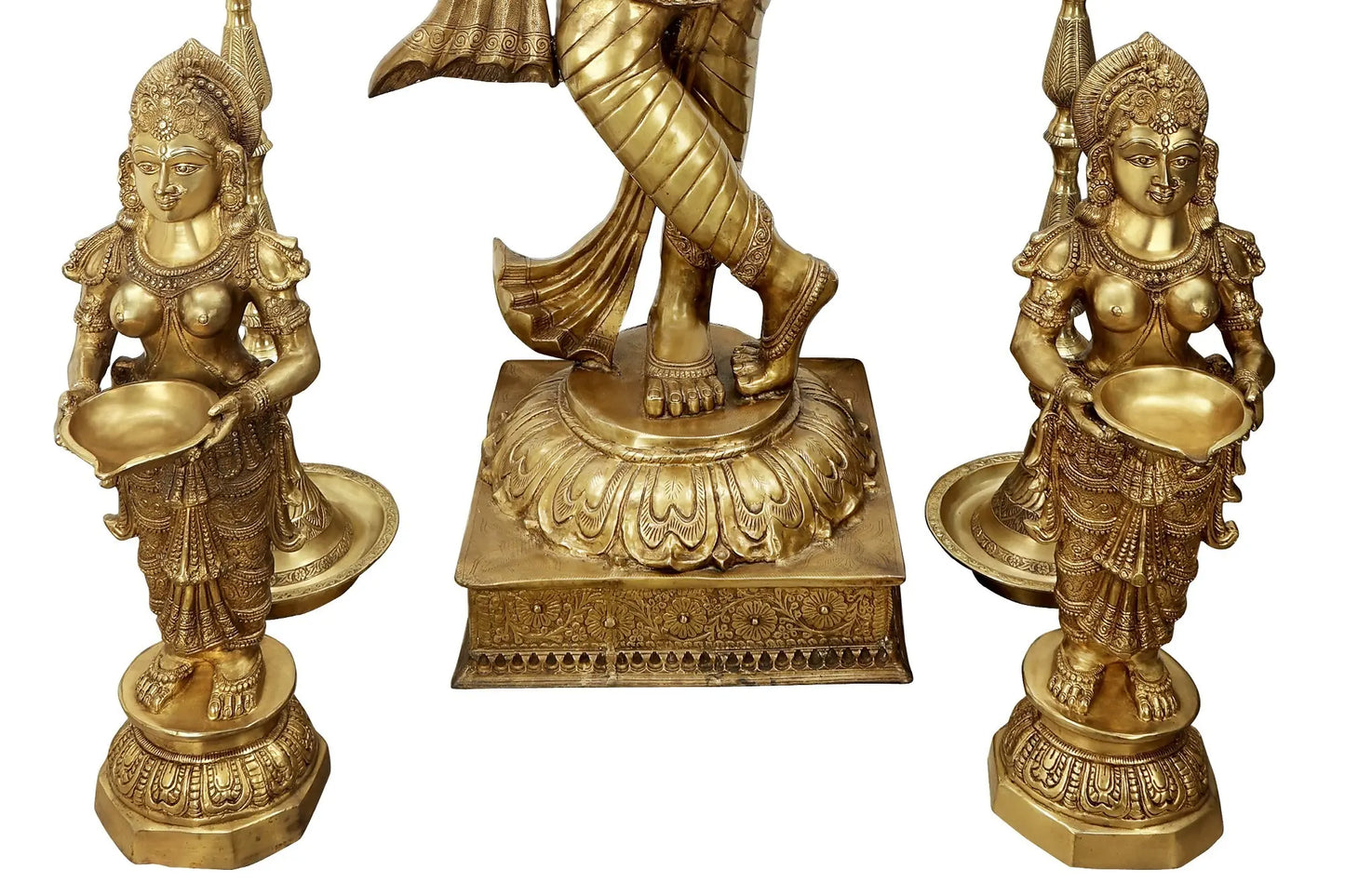 Brassaura® Brass Fluting Krishna with Pair of Deepalakshmi and Mayur Lamp Statue | Height 79 Inches & Weight 235 kg