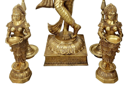 Brassaura® Brass Fluting Krishna with Pair of Deepalakshmi and Mayur Lamp Statue | Height 79 Inches & Weight 235 kg