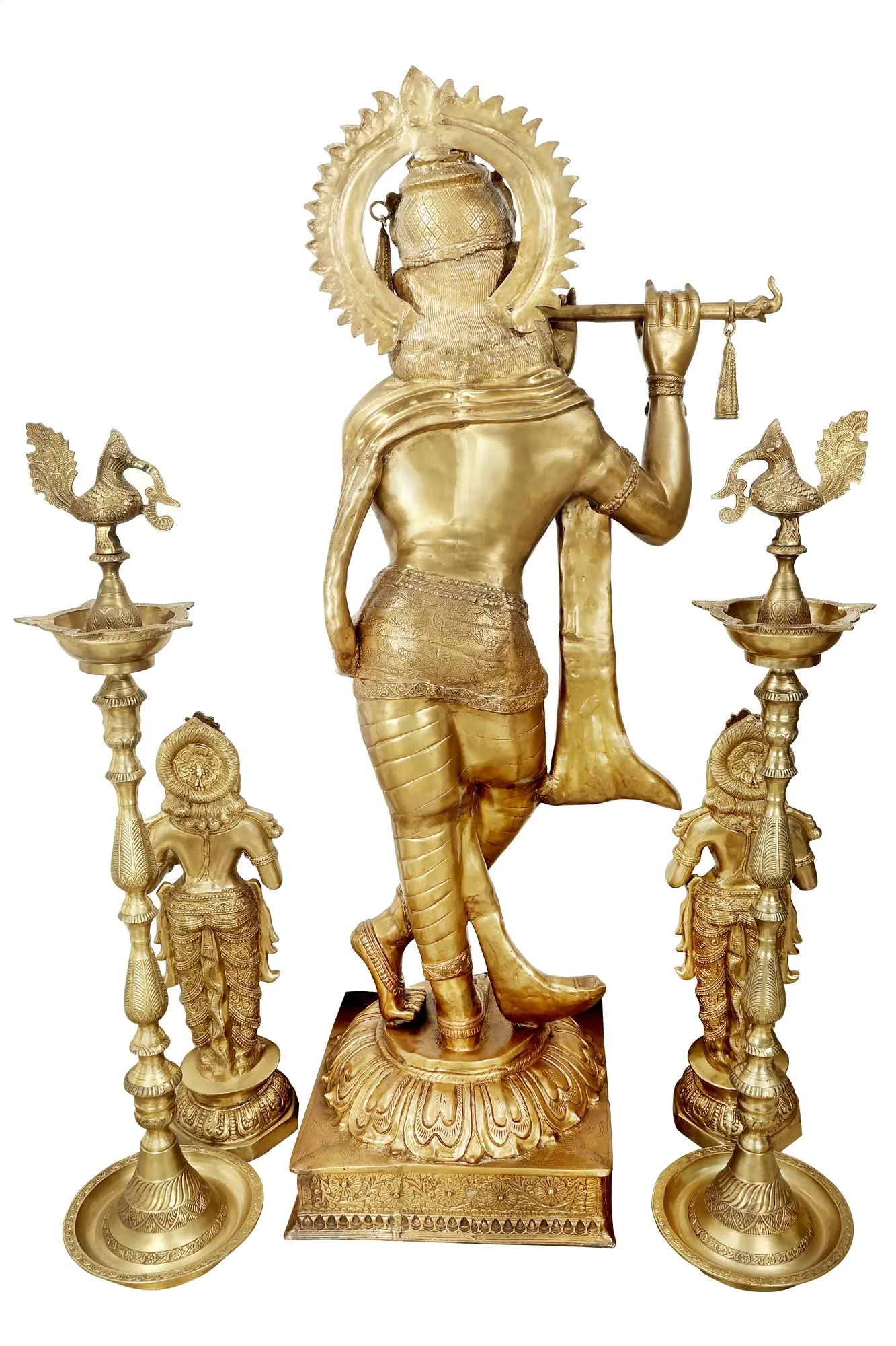 Brassaura® Brass Fluting Krishna with Pair of Deepalakshmi and Mayur Lamp Statue | Height 79 Inches & Weight 235 kg
