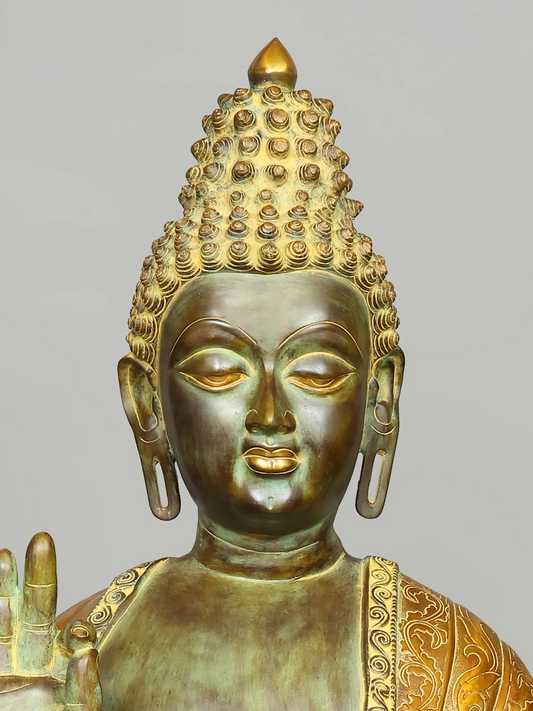 ब्रेसोरा® ग्रैंड ब्लेसिंग बुद्ध प्रतिमा | प्राकृतिक पीतल ऊंचाई 60 इंच और वज़न 183 किग्रा