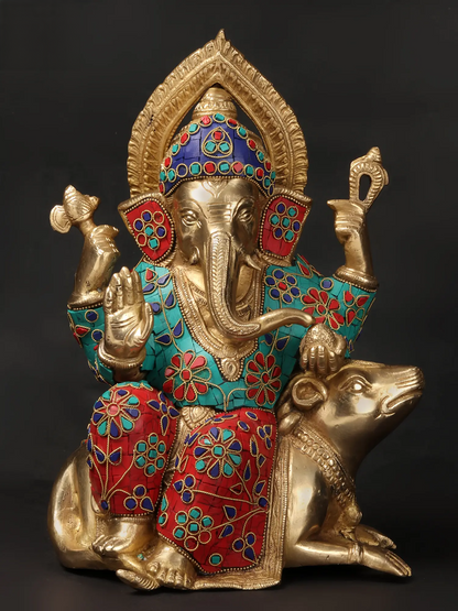 Brassaura™ Brass Ganesha Idol with Inlay Work for Home Temple & Festive Decor | 12 Inches | 6.54 kgs