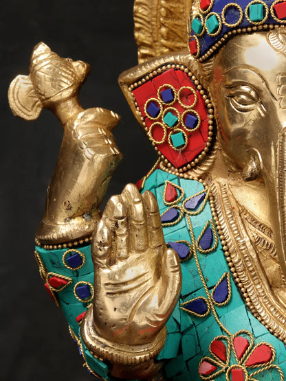 Brassaura™ Brass Ganesha Idol with Inlay Work for Home Temple & Festive Decor | 12 Inches | 6.54 kgs