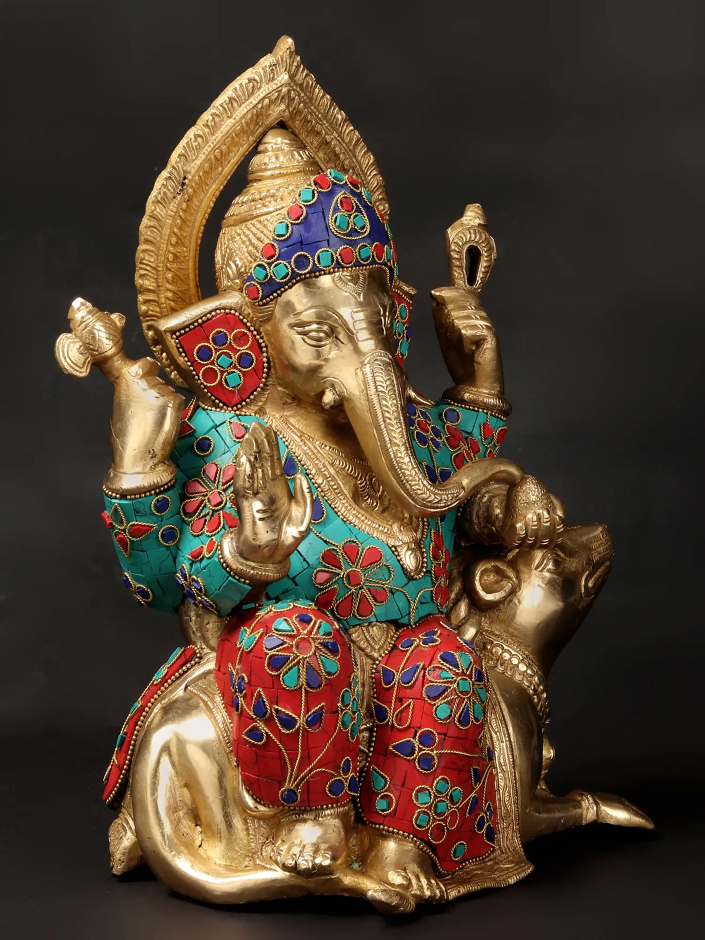 Brassaura™ Brass Ganesha Idol with Inlay Work for Home Temple & Festive Decor | 12 Inches | 6.54 kgs