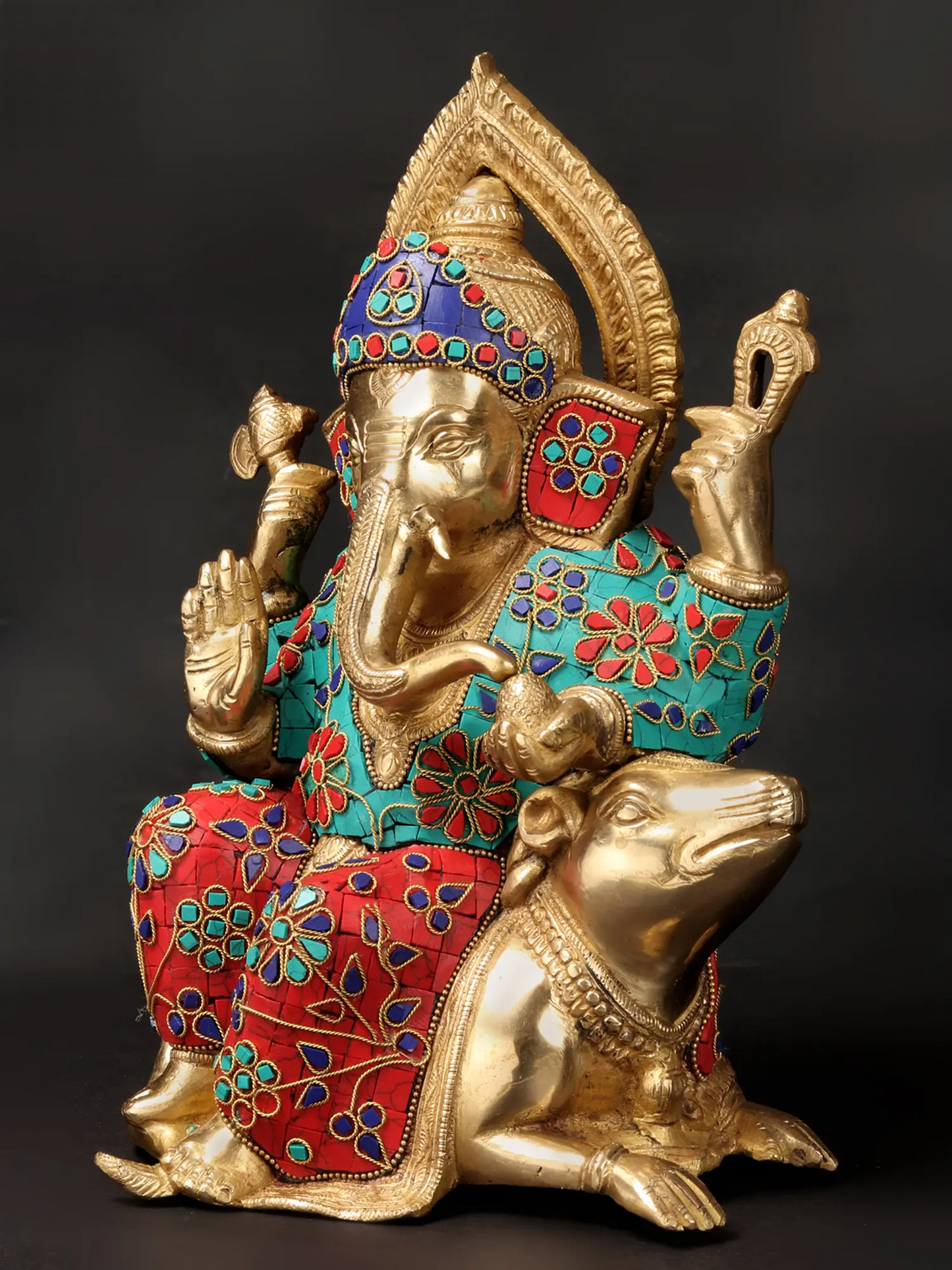 Brassaura™ Brass Ganesha Idol with Inlay Work for Home Temple & Festive Decor | 12 Inches | 6.54 kgs