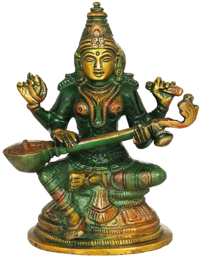 Brassaura® Brass Saraswati Statue | Height 5.12 Inches & Weight 0.88 kg