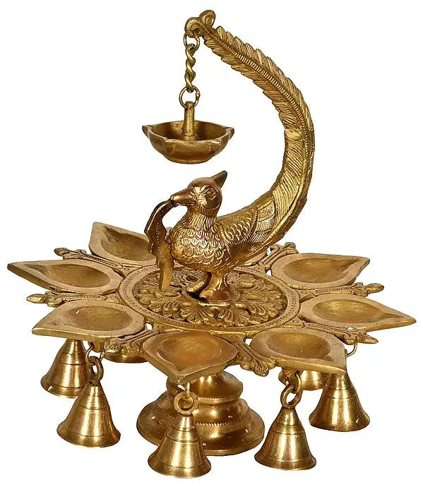 Brassaura™ Svarup Brass Peacock Decorative Multi Diya with Bell – Height 10 inches | Weight 2.9 kgs