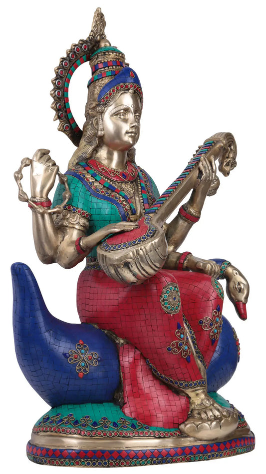 Brassaura® Brass Saraswati on Swan with Meenakari Inlay Work | Height 28.7 Inches & Weight 29.50 kgs