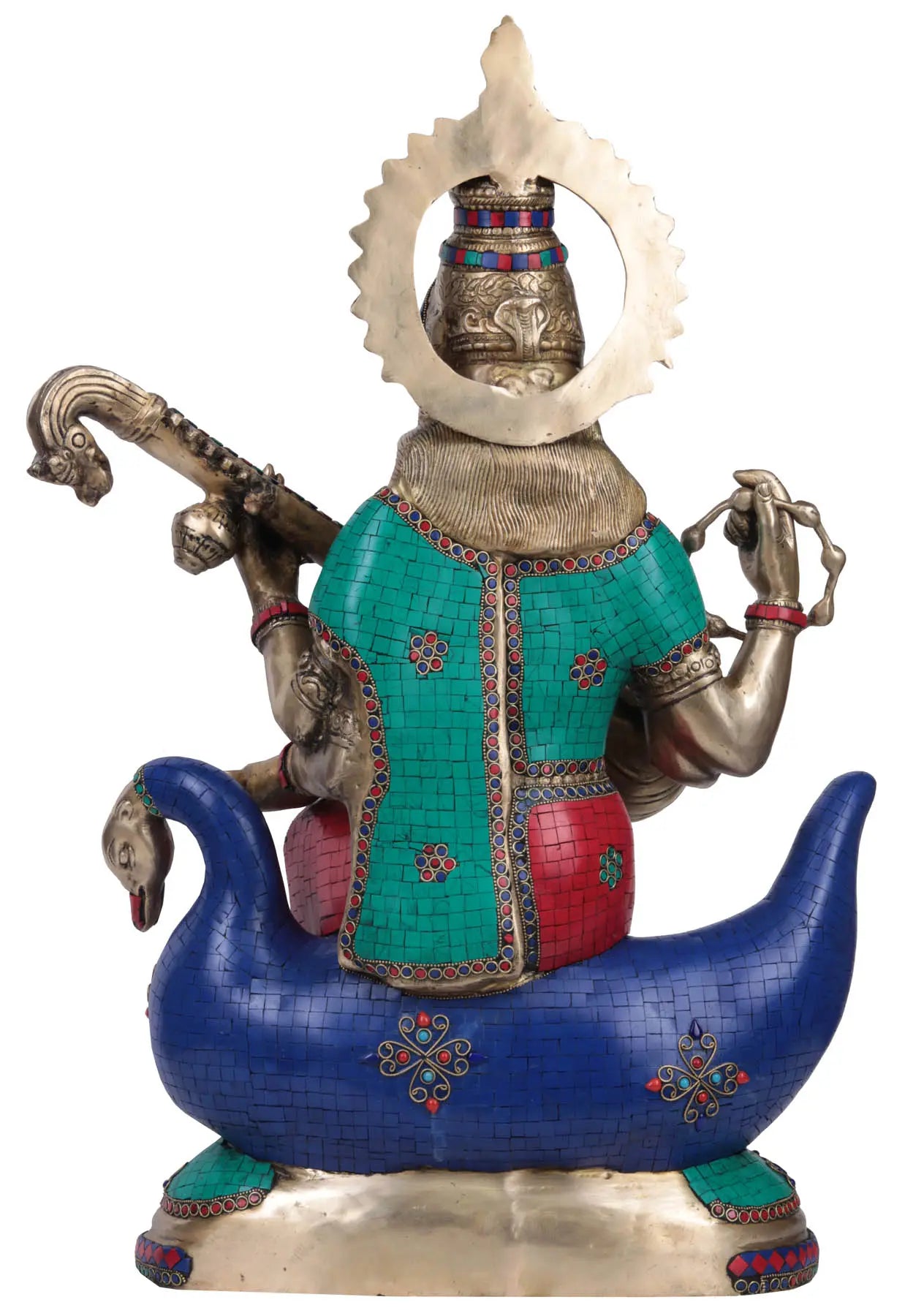 Brassaura® Brass Saraswati on Swan with Meenakari Inlay Work | Height 28.7 Inches & Weight 29.50 kgs