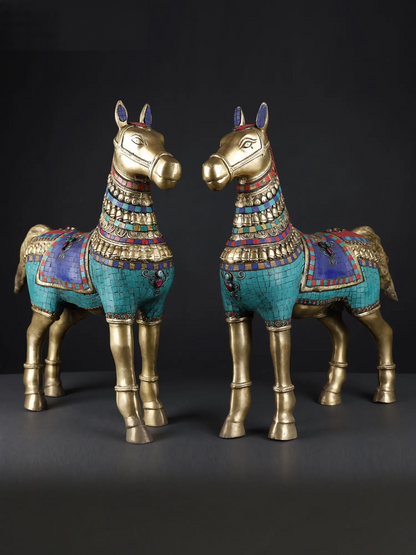Brassaura® Pair of Royal Brass Horse Sculptures with Turquoise & Stone Inlay | Height 20.8 Inches & Weight 23.90 kgs