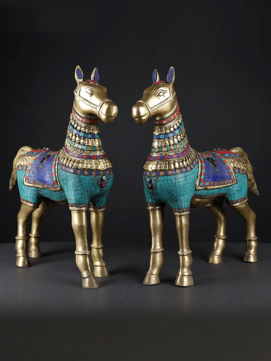 ब्रासौरा® रॉयल ब्रास हॉर्स स्कल्पचर्स विद फ़िरोज़ी और स्टोन इनले | ऊंचाई 20.8 इंच और वज़न 23.90 किलोग्राम