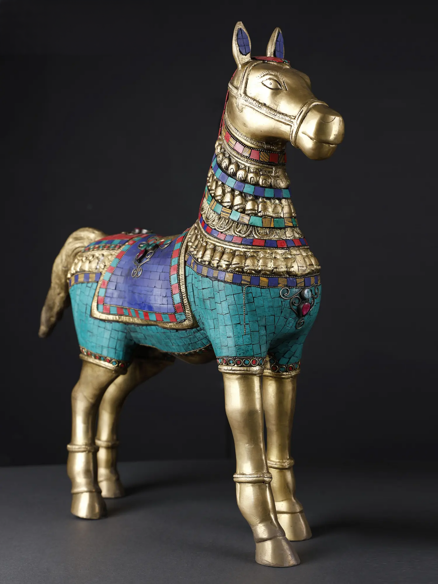 Brassaura® Pair of Royal Brass Horse Sculptures with Turquoise & Stone Inlay | Height 20.8 Inches & Weight 23.90 kgs