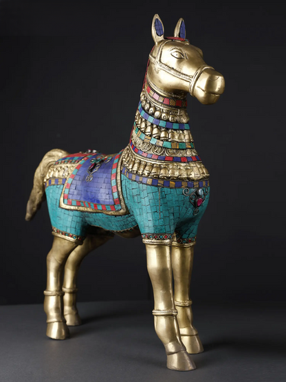 Brassaura® Pair of Royal Brass Horse Sculptures with Turquoise & Stone Inlay | Height 20.8 Inches & Weight 23.90 kgs
