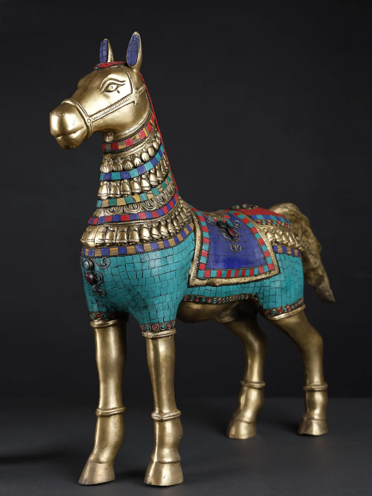 Brassaura® Pair of Royal Brass Horse Sculptures with Turquoise & Stone Inlay | Height 20.8 Inches & Weight 23.90 kgs