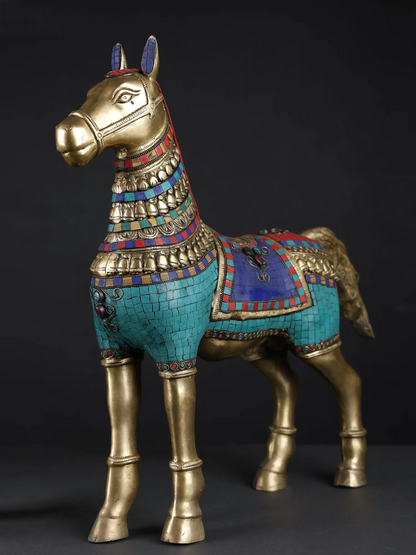 Brassaura® Pair of Royal Brass Horse Sculptures with Turquoise & Stone Inlay | Height 20.8 Inches & Weight 23.90 kgs