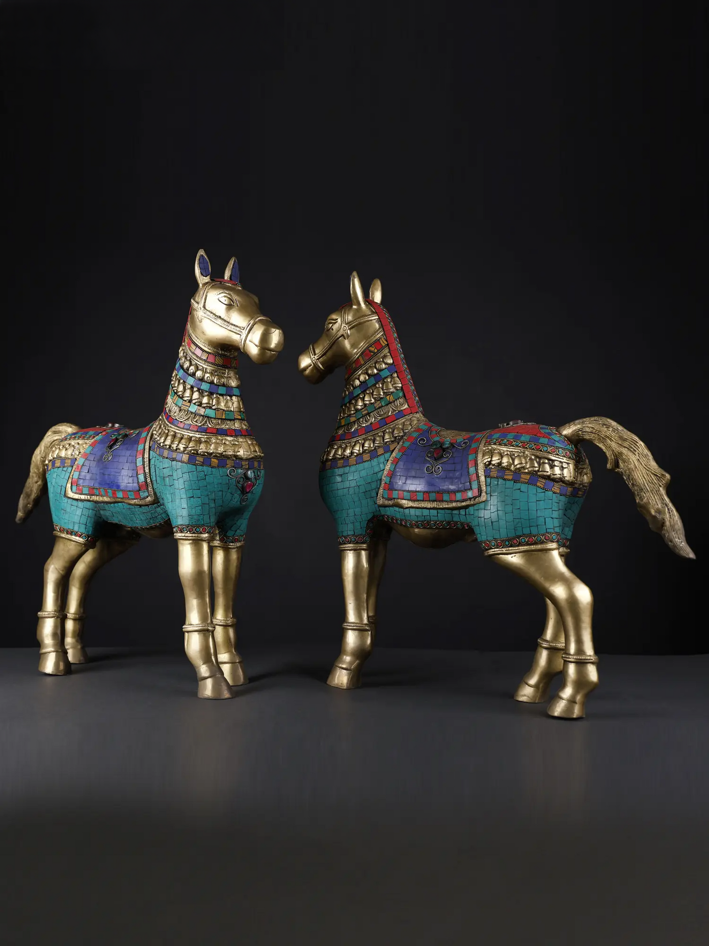 Brassaura® Pair of Royal Brass Horse Sculptures with Turquoise & Stone Inlay | Height 20.8 Inches & Weight 23.90 kgs