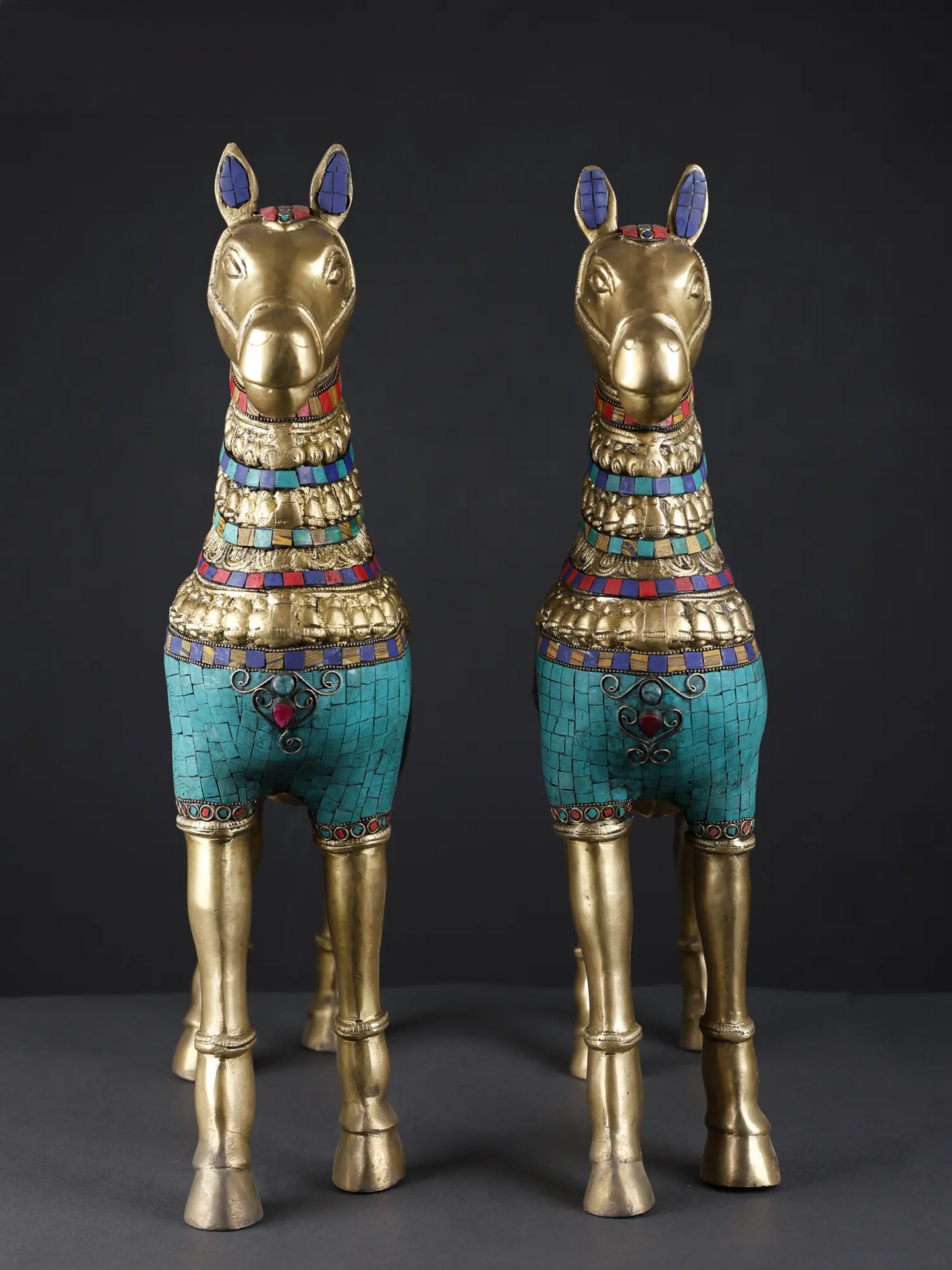 Brassaura® Pair of Royal Brass Horse Sculptures with Turquoise & Stone Inlay | Height 20.8 Inches & Weight 23.90 kgs
