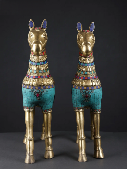 Brassaura® Pair of Royal Brass Horse Sculptures with Turquoise & Stone Inlay | Height 20.8 Inches & Weight 23.90 kgs