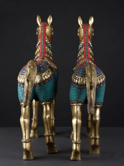 Brassaura® Pair of Royal Brass Horse Sculptures with Turquoise & Stone Inlay | Height 20.8 Inches & Weight 23.90 kgs