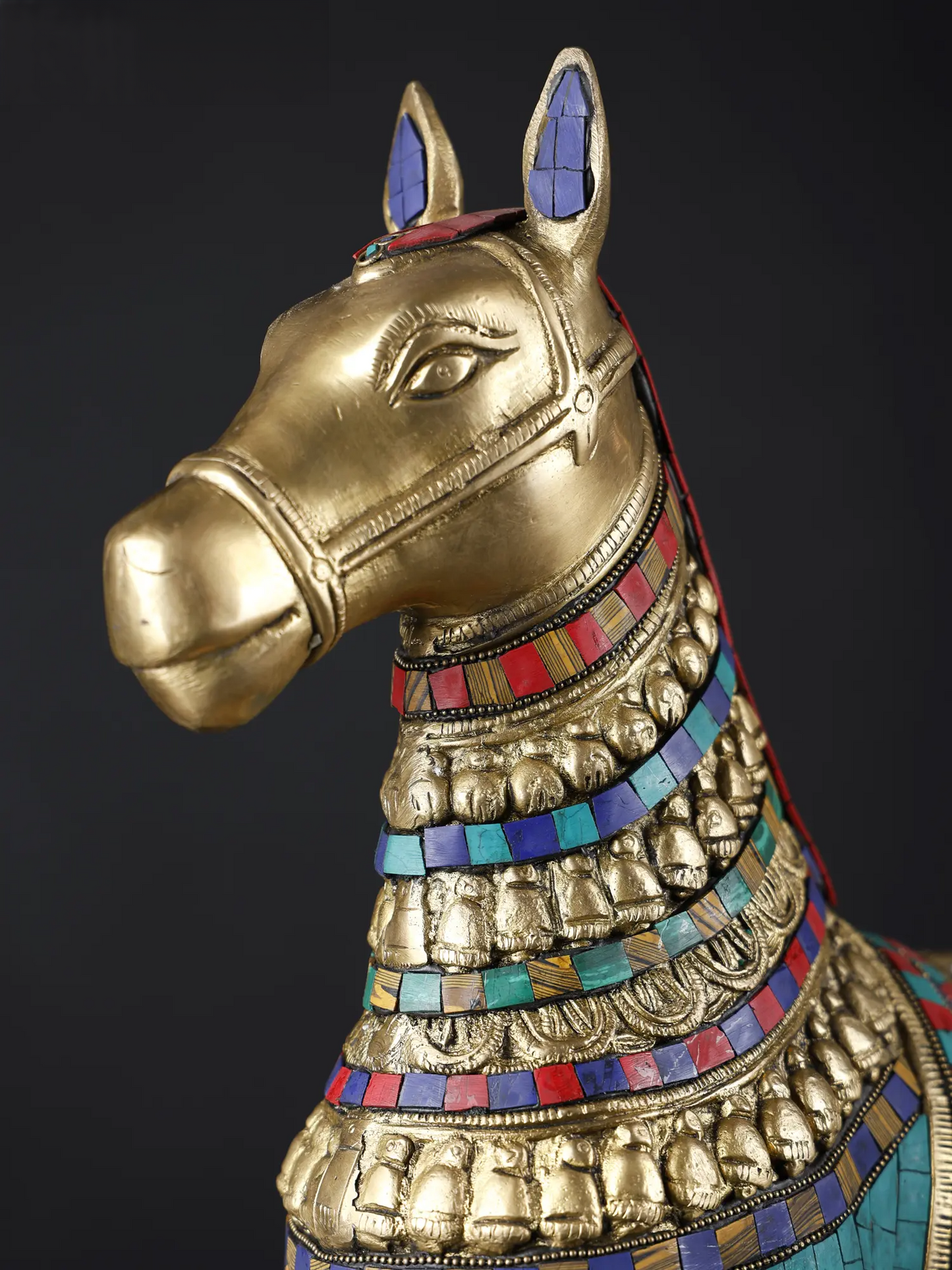 Brassaura® Pair of Royal Brass Horse Sculptures with Turquoise & Stone Inlay | Height 20.8 Inches & Weight 23.90 kgs