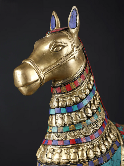 Brassaura® Pair of Royal Brass Horse Sculptures with Turquoise & Stone Inlay | Height 20.8 Inches & Weight 23.90 kgs