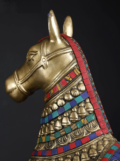 Brassaura® Pair of Royal Brass Horse Sculptures with Turquoise & Stone Inlay | Height 20.8 Inches & Weight 23.90 kgs