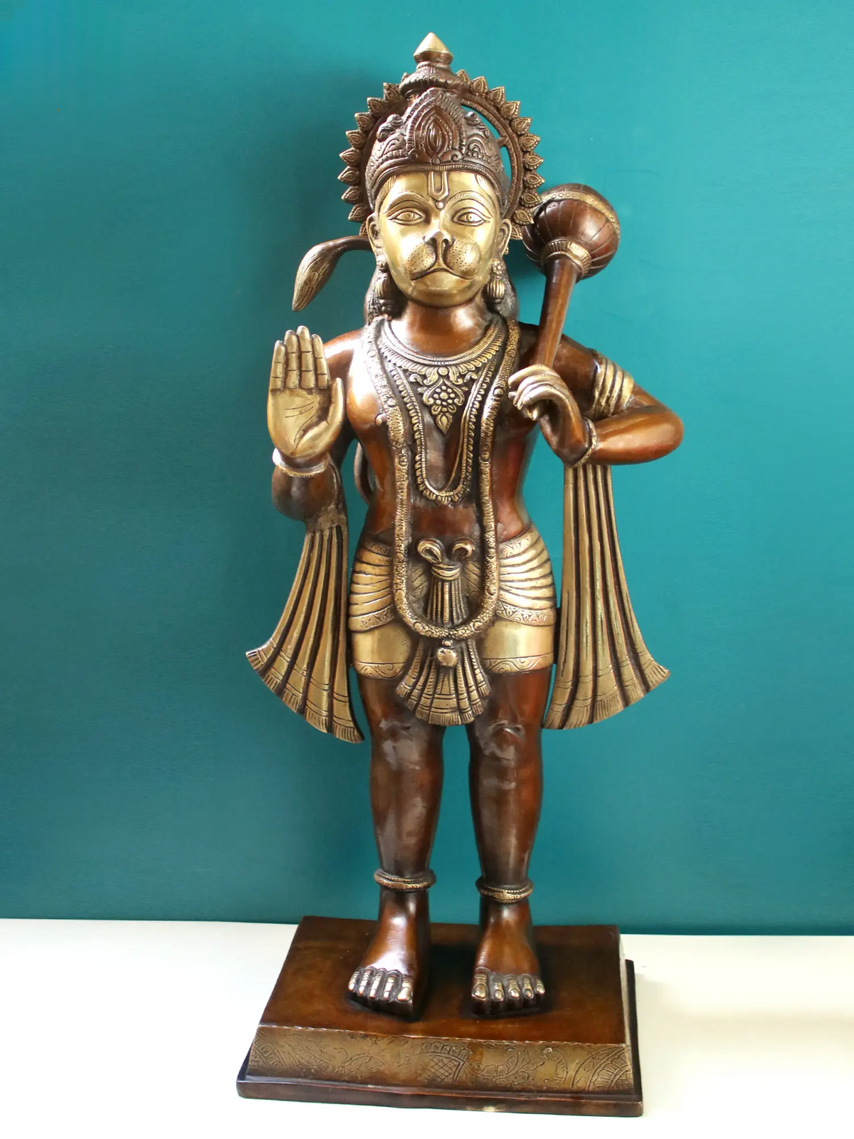 Brassaura® Hanuman Standing Blessing Pose Idol with Brown With Natural Brass Finish | Pure Superfine Brass Handcrafted Murti | Brass Statue for Home Temple, Pooja Room | Height 35 Inches | Weight 31.36 Kgs