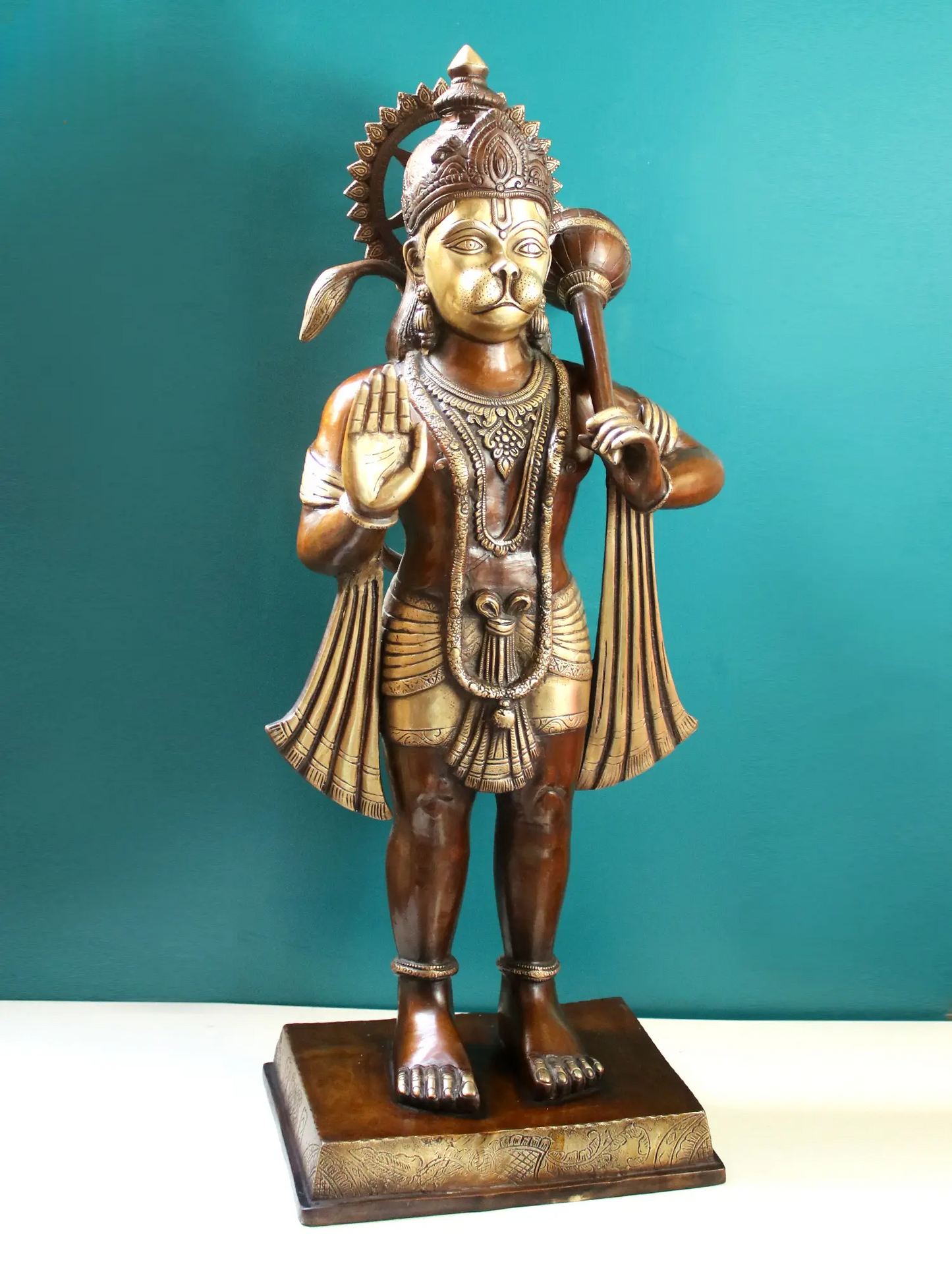 Brassaura® Hanuman Standing Blessing Pose Idol with Brown With Natural Brass Finish | Pure Superfine Brass Handcrafted Murti | Brass Statue for Home Temple, Pooja Room | Height 35 Inches | Weight 31.36 Kgs