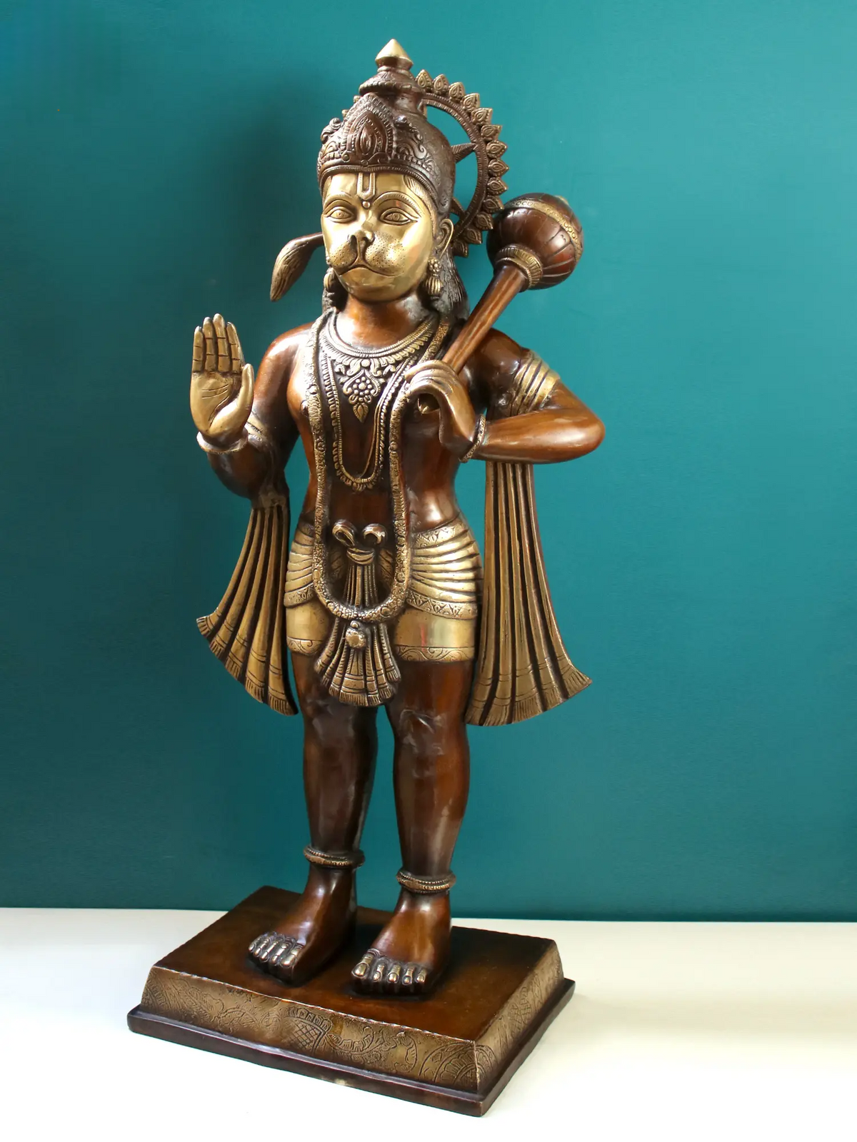 Brassaura® Hanuman Standing Blessing Pose Idol with Brown With Natural Brass Finish | Pure Superfine Brass Handcrafted Murti | Brass Statue for Home Temple, Pooja Room | Height 35 Inches | Weight 31.36 Kgs