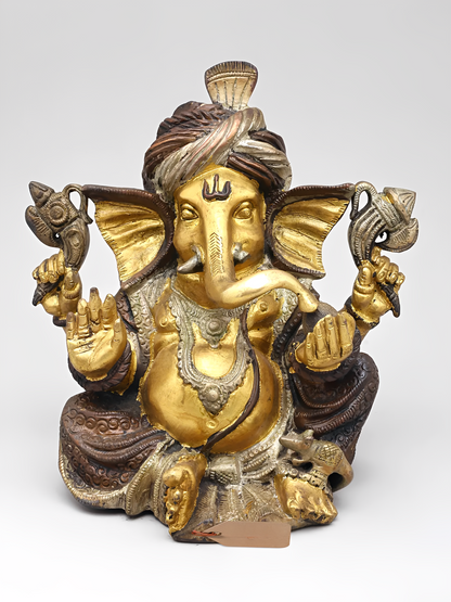 Brassaura™ Brass Pagdi Ganesha Idol for Home Temple & Festive Decor | 9 Inches | 5.20 kgs