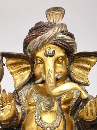 Brassaura™ Brass Pagdi Ganesha Idol for Home Temple & Festive Decor | 9 Inches | 5.20 kgs