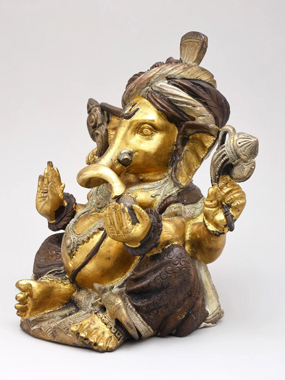 Brassaura™ Brass Pagdi Ganesha Idol for Home Temple & Festive Decor | 9 Inches | 5.20 kgs