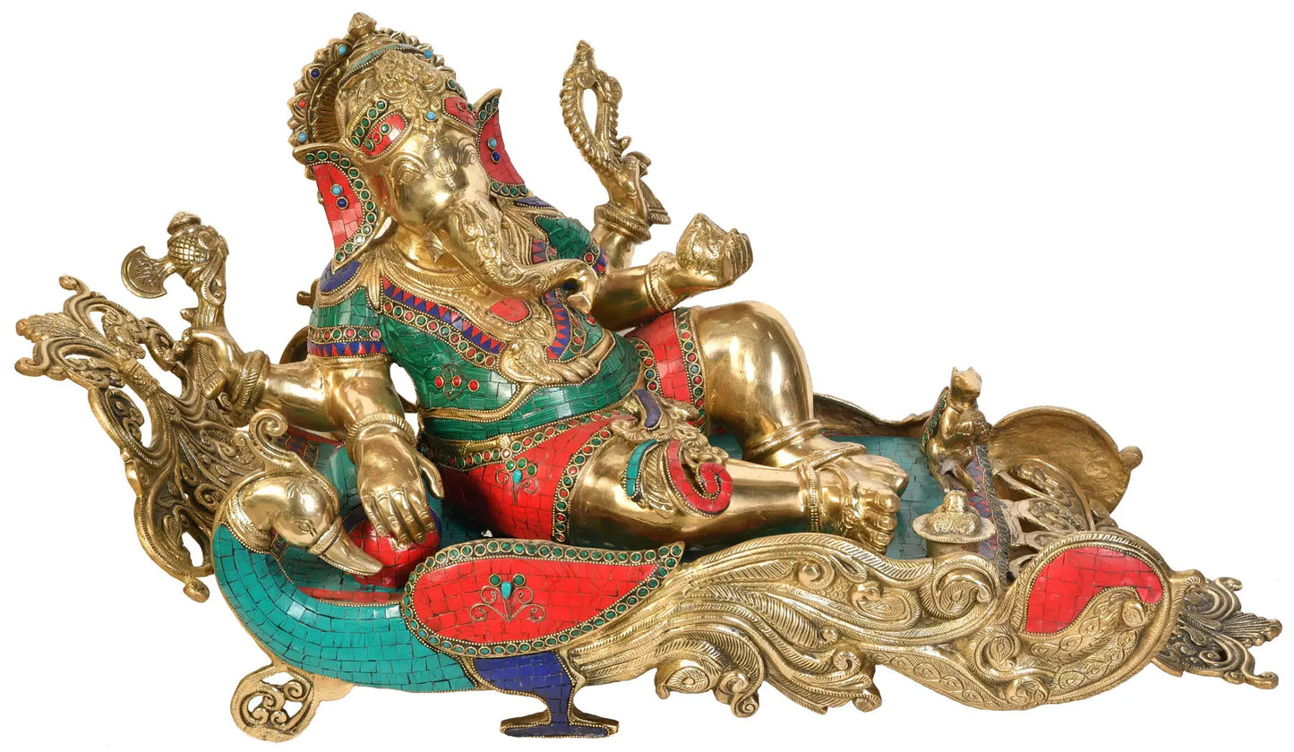 Brassaura® Reclining Meenakari Ganesha on Royal Chaise | Height 14.96 Inches & Weight 9.40 kgs