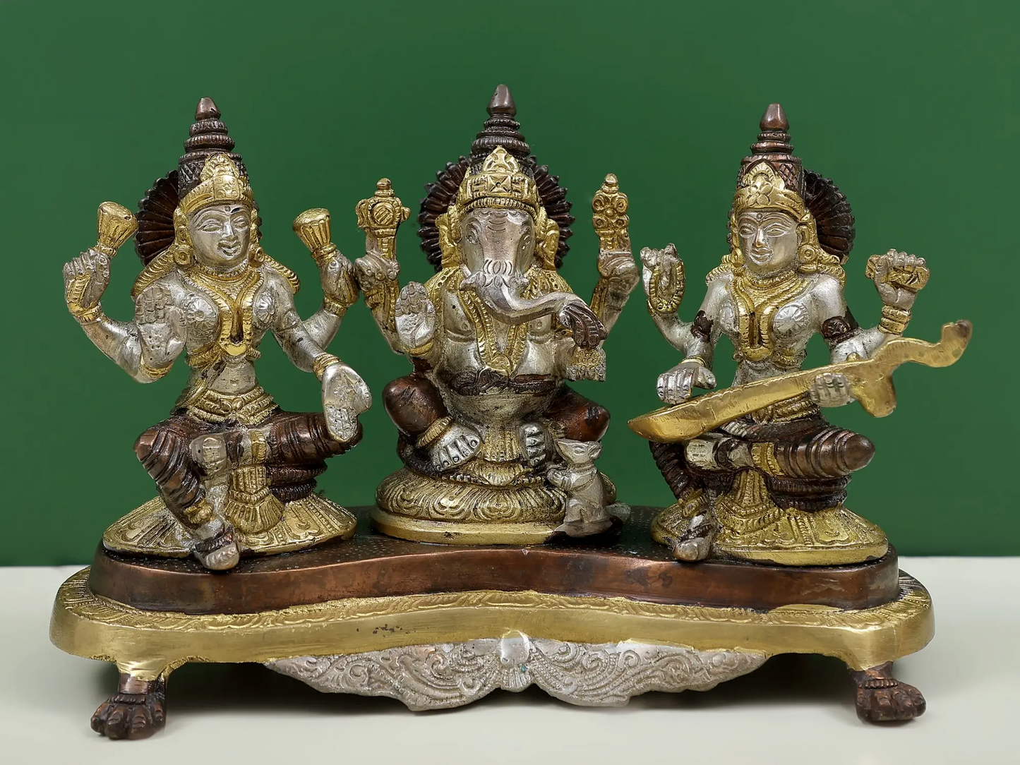 Brassaura® Lakshmi Ganesha Saraswati Brass Statue | Height 6.10 Inches & Weight 3 kgs
