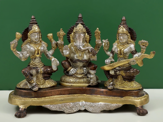 Brassaura® Lakshmi Ganesha Saraswati Brass Statue | Height 6.10 Inches & Weight 3 kgs