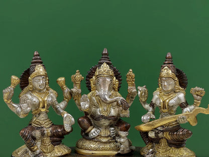 Brassaura® Lakshmi Ganesha Saraswati Brass Statue | Height 6.10 Inches & Weight 3 kgs