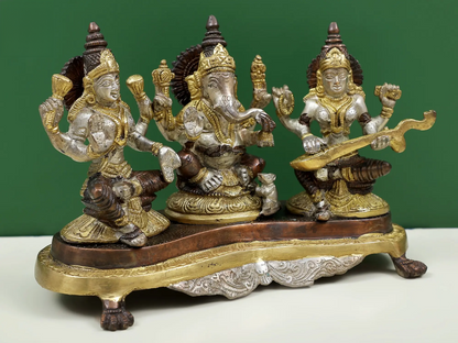 Brassaura® Lakshmi Ganesha Saraswati Brass Statue | Height 6.10 Inches & Weight 3 kgs