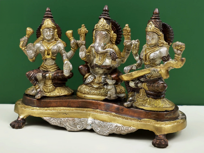 Brassaura® Lakshmi Ganesha Saraswati Brass Statue | Height 6.10 Inches & Weight 3 kgs