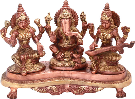 Brassaura® Lakshmi Ganesha Saraswati Brass Statue | Height 6.10 Inches & Weight 3 kgs